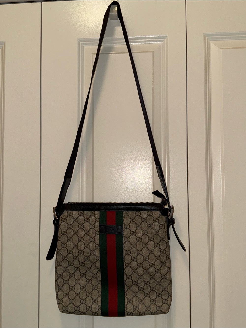 Gucci Brown GG Supreme Canvas Messenger Bag with Green & Red Stripe